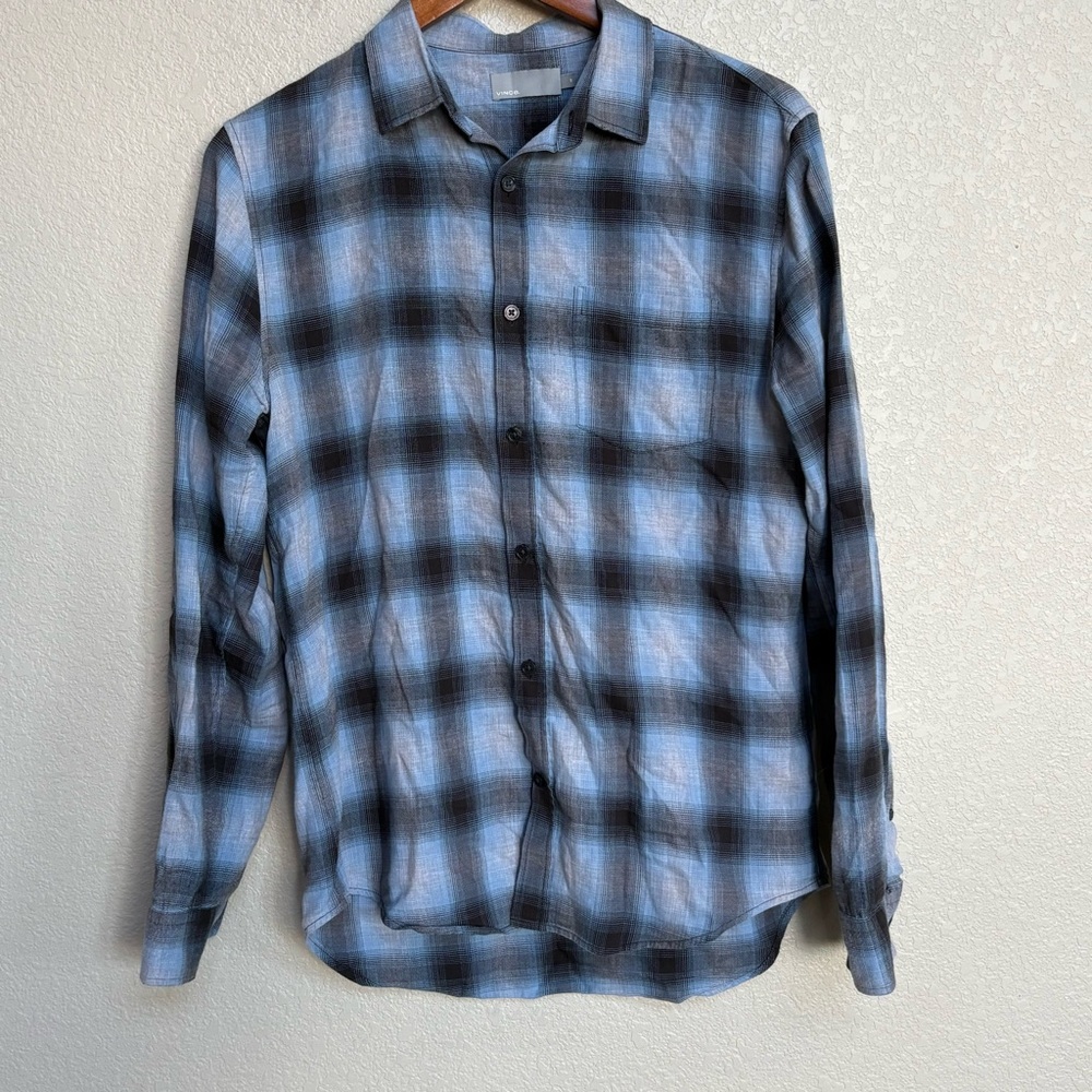 Vince Mens Blue Gray Plaid‎ Cotton Button Front Pocket Shirt Small